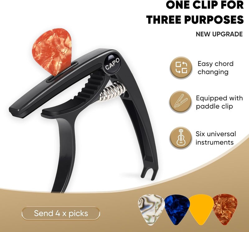 Aarvi Guitar Capo 6-String for Acoustic & Electric Guitars - Universal Clamp with 4 Premium Picks - Compatible with Ukulele, Banjo, Mandolin (Black) - Image 2